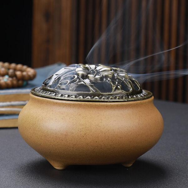 Copper Lid Ceramic Incense Burner Buddha with Antique Alloy Wire Incense Burner - Image 3