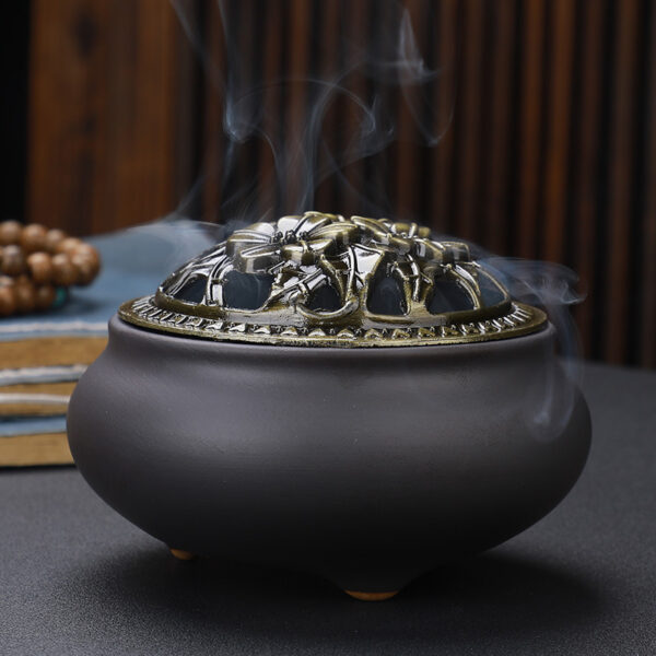 Copper Lid Ceramic Incense Burner Buddha with Antique Alloy Wire Incense Burner - Image 4