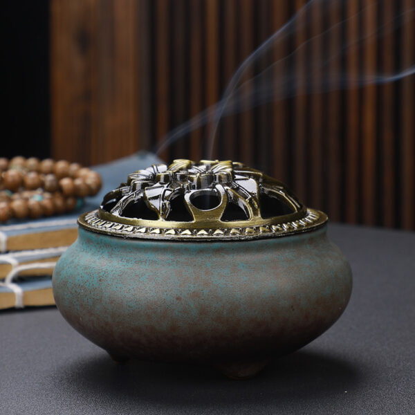 Copper Lid Ceramic Incense Burner Buddha with Antique Alloy Wire Incense Burner - Image 9