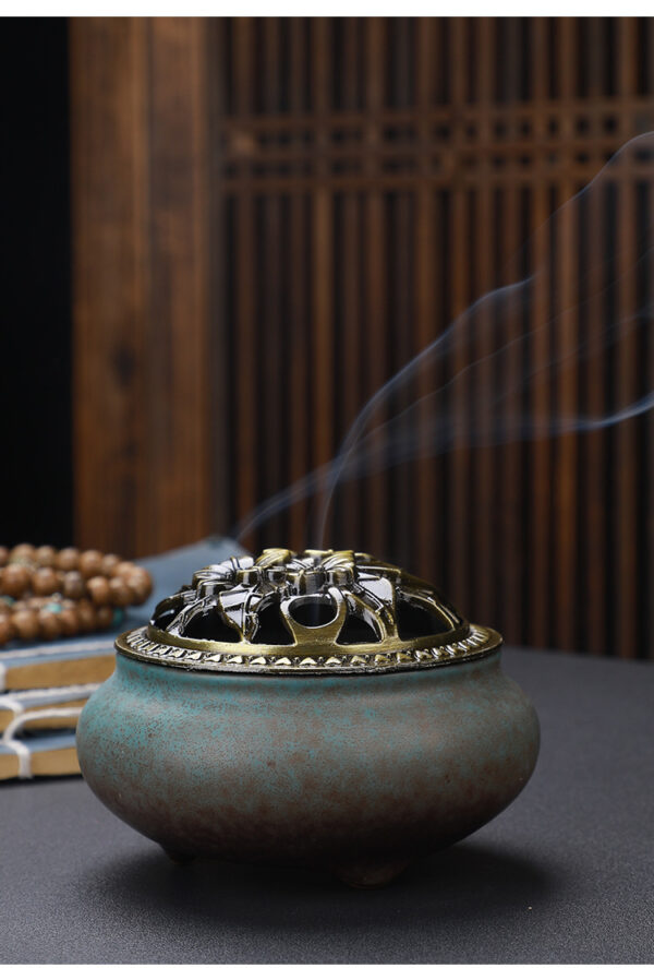 Copper Lid Ceramic Incense Burner Buddha with Antique Alloy Wire Incense Burner - Image 10