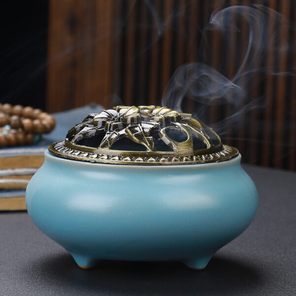 Copper Lid Ceramic Incense Burner Buddha with Antique Alloy Wire Incense Burner - Image 8