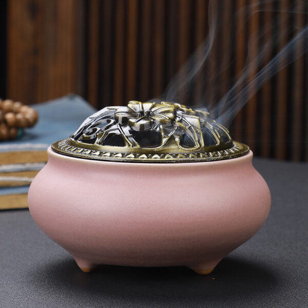 Copper Lid Ceramic Incense Burner Buddha with Antique Alloy Wire Incense Burner - Image 2