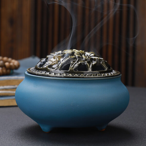 Copper Lid Ceramic Incense Burner Buddha with Antique Alloy Wire Incense Burner - Image 5