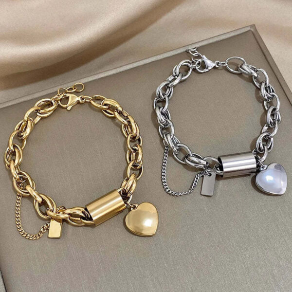 New Stainless Steel Peach Heart Cuban Link Chain Bracelet Suit - Image 4
