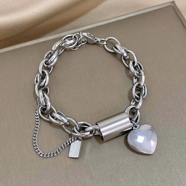New Stainless Steel Peach Heart Cuban Link Chain Bracelet Suit - Image 2