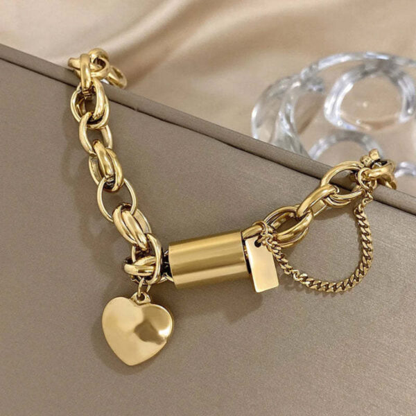 New Stainless Steel Peach Heart Cuban Link Chain Bracelet Suit - Image 5